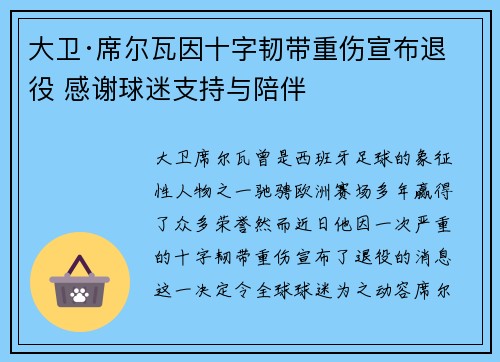 大卫·席尔瓦因十字韧带重伤宣布退役 感谢球迷支持与陪伴