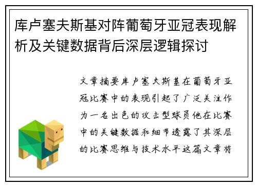 库卢塞夫斯基对阵葡萄牙亚冠表现解析及关键数据背后深层逻辑探讨